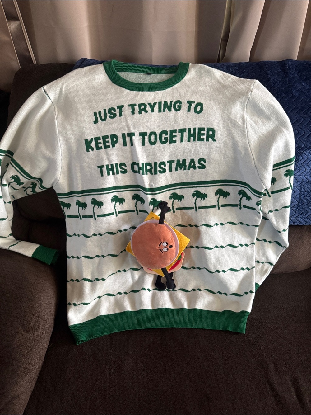 White and Green Crewneck Sweater with Holiday Message
